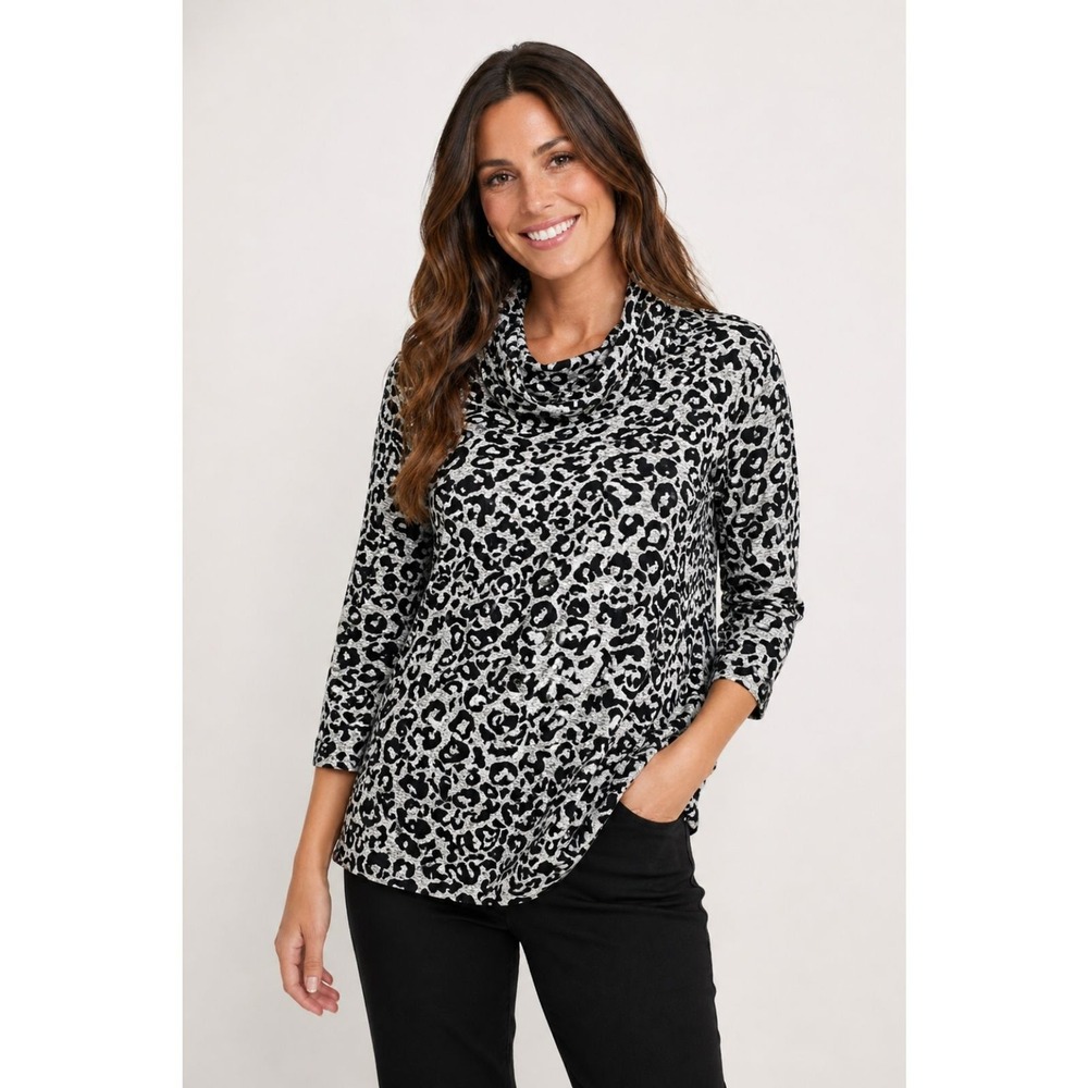 Rebecca‎ Malone Sweater Womens Sz L Black Leopard Cowl Neck Boho Casual 1179H